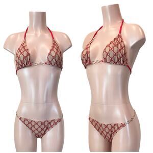 GG Monogram Logo Mesh Red Nude Bikini SZ XL